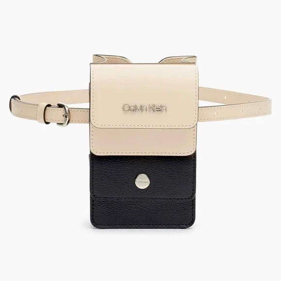 NWT Calvin Klein Tonya Calf Leather Beige/Sand Black Mini Belt Bag 1CK11 - Picture 3 of 6